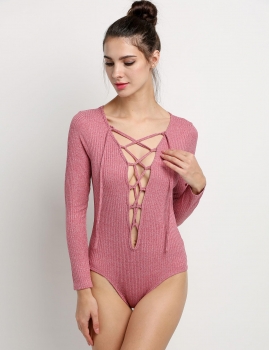 

Red Long Sleeve Jumpsuit Sexy Deep V Neck Bandage Bodysuit, Multicolor