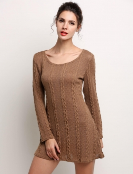 

Brown O-Neck Long Sleeve Knitting Dress Solid Casual Dress, Multicolor