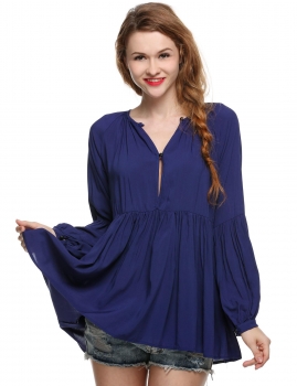 

Dark blue V Neck Leisure Long Sleeve Top Pleated Casual Dress, Multicolor