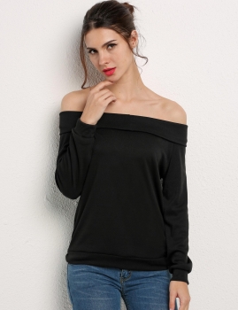 

Black Off the Shoulder Slash Neck Long Sleeve Solid Sexy Casual Tops, Multicolor