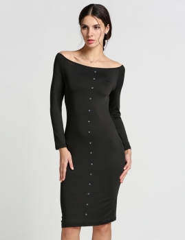 

Black Off Shoulder Long Sleeve Button Bodycon Going Out Dress, Multicolor