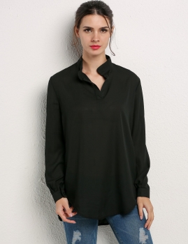 

Black Women Long Tops Sexy V Neck Pockets Solid Sleeve Chiffon Casual Loose Mini Dress Shirts & Blouses, Multicolor