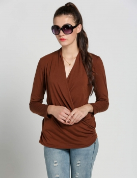 

Coffee Solid Color Ruched V-Neck Long Sleeve Slim Fit Tops, Multicolor