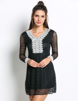 

Black Sexy Long Sleeve V Neck High Waist Casual Dress, Multicolor
