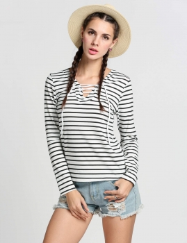 

White Women Fashion Casual Lace Up V Neck Long Sleeve Stripe Tops, Multicolor