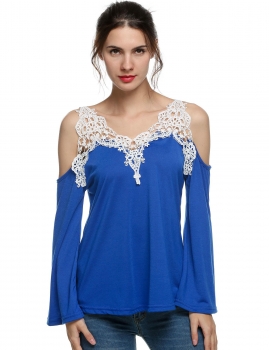 

Blue Loose Cold Shoulder Long Sleeve Sexy Lace Splcing Ladies Tops, Multicolor