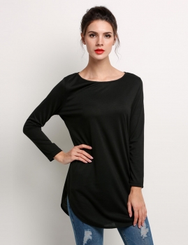 

Black Side Slit Long Sleeve Crew Neck Solid Basic Tunics, Multicolor