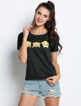 

Black Cute Emoji Print O Neck Short Sleeve T-Shirt, Multicolor