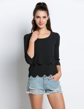 

Black Double Wavy Hollow Out Sexy Backless Crew Neck Chiffon Blouse, Multicolor