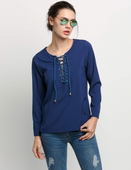 

Dark blue New Women Casual O-Neck Sexy Bandage Hollow Out Solid & Blouses T-Shirts, Multicolor