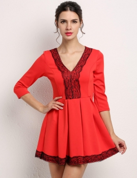 

Red V Neck 3"4 Sleeve Floral Lace Splicing Skater Casual Dress, Multicolor