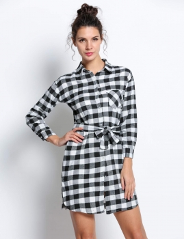 

Black Long Sleeve Check Straight Casual Shirt Dress With Belt, Multicolor