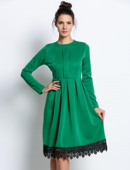 

Green Splicing Long Sleeve O-Neck Pleated Casual Dress, Multicolor