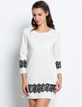 

White Women Fashion Round Neck 3"4 Sleeve Lace Trimming A-Line Short Casual Dresses, Multicolor