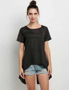 

Black Backless Slit Button Closure Short Sleeve Asymmetric Sexy Blouse, Multicolor