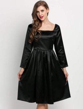 

Black New Fashion Women's Square Neck Long Sleeve A-line Pleated Casual Dresses, Multicolor