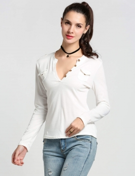 

White Women V Neck Tee Long Sleeve Button Tops Blouse T-Shirts, Multicolor
