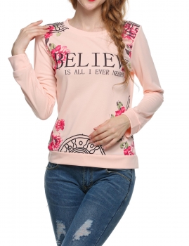 

Pink Fashion Women Lady Long Sleeve Neck Floral Letter Print Casual Blouse Tank Tops T-Shirts, Multicolor