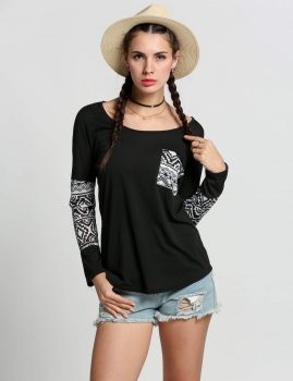 

Black Vintage Pattern Prinited O Neck Long Sleeve Patchwork Pocket, Multicolor