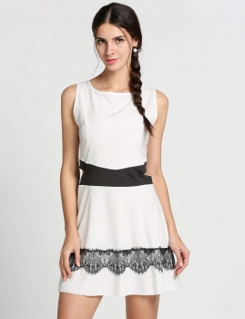 

White Sleeveless Lace Patchwork Hollow A-Line Going Out Dress, Multicolor