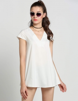 

White V Neck Short Cap Sleeve Solid A-Line Casual Dress, Multicolor