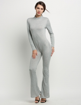 

Gray Long Sleeve High Neck Solid Bodycon Jumpsuit, Multicolor