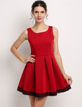 

Wine red Round Neck Sleeveless Lace Patchwork Pleated Party Dresses, Multicolor