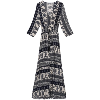 

Blue Fashion Women Retro 3"4 Sleeve Floral Print Tunic Beach Maxi Long Casual Dresses, Multicolor