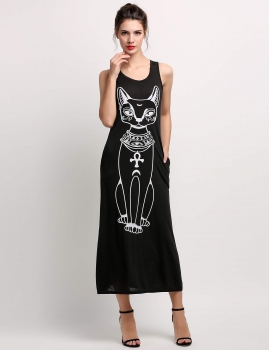 

Black Round Neck Sleeveless Tank Straight Long Maxi Casual Dress, Multicolor