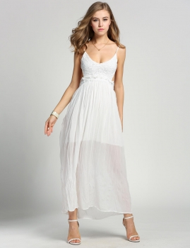 

White New Fashion Women Ladies Sexy Strap V-Neck Lace Floral High Elastic Waist Backless Chiffon Maxi Party Beach Long Going Out Dresses, Multicolor
