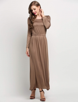 

Coffee Boat Neck Long Sleeve Pleated Full Length Casual Dresses, Multicolor