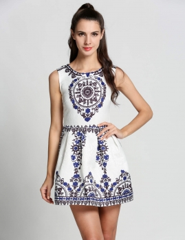 

White O-Neck Print Sundress Sleeveless Slim A-Line Casual Dress, Multicolor
