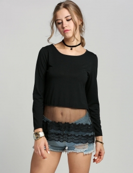 

Black New Fashion Women Casual Round Collar Long Sleeve Lace Patchwork Blouse Tank Tops T-Shirts, Multicolor