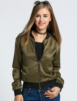 

Army green Stand Collar Long Sleeve Zip Up Solid Bomber Jacket, Multicolor