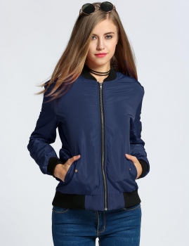 

Navy blue Long Sleeve Zip Up Solid Bomber Jacket with Pockets, Multicolor