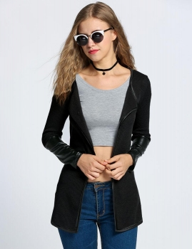 

Black Casual Knitwear Synthetic Leather Splicing Long Coat, Multicolor