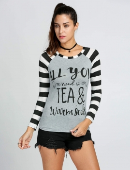 

Gray Fashion Women O-Neck Raglan Long Sleeve Patchwork Letter Slim Tops, Multicolor