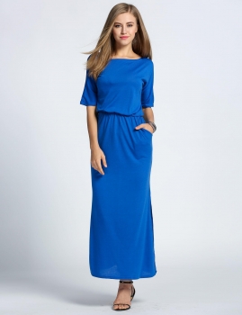 

Blue Slash Neck Batwing Short Sleeve Side Split Casual Dress, Multicolor