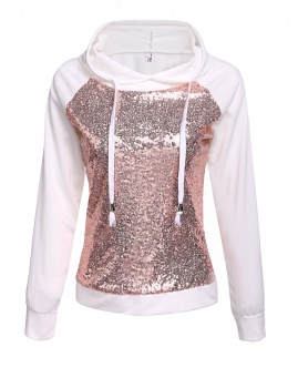 

White Drawstring Hooded Long Sleeve Sequined Pullover Hoodie, Multicolor