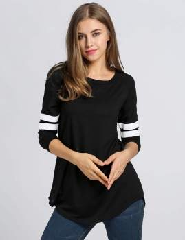 

Black Women Stripes Long Sleeve Base Ball Cotton Loose Long T-Shirt, Multicolor