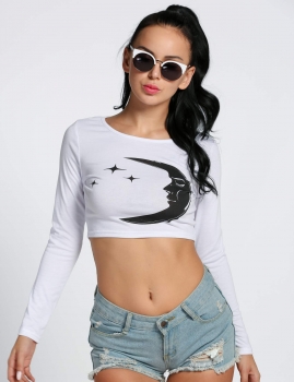 

White New Fashion Women Casual Long Sleeve Moon Print T-Shirt Vests Tank Crop Tops, Multicolor