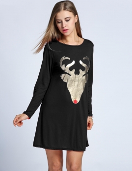 

Black Fashion Women O-Neck Long Sleeve Print Loose Tunic Casual Dresses, Multicolor