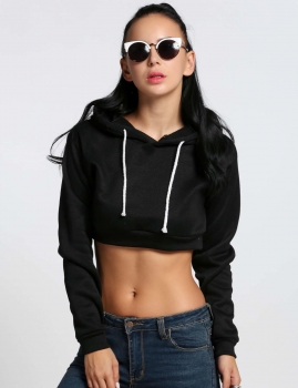 

Black Casual Crop Top Hooded Long Sleeve Short Hoodie, Multicolor