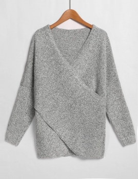 

Gray V-Neck Drop-Shoulder Sleeve Cross Wrap Pullover Sweater, Multicolor