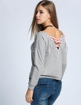 

Gray Back Lace Up O-neck Drop-Shoulder Sleeve Casual Tops, Multicolor