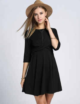 

Black 3"4 Sleeve Draped Cross Front Casual Pleated Casual Dress, Multicolor