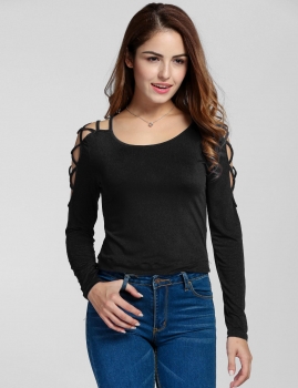 

Black Hollow Out Shoulder Lace Up Long Sleeve Asymmetric Hem Solid Slim Tops, Multicolor