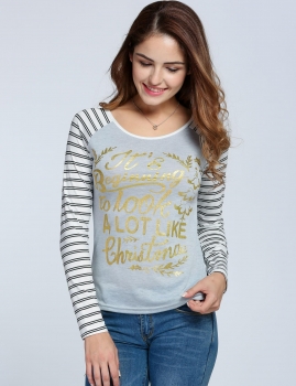 

Gray O-Neck Striped Raglan Long Sleeve Letter Slim Fit T-Shirt Tops, Multicolor