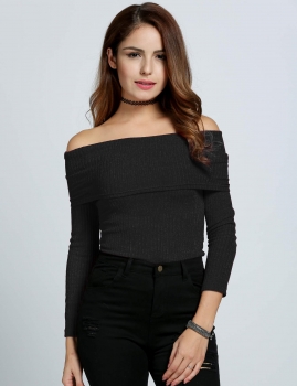 

Black Off-shoulder Long Sleeve Knitting Slim Basic Pullover Sweater, Multicolor