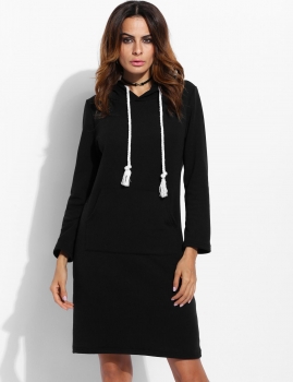 

Black Long Sleeve Hooded Pocket Package Hip Casual Dress, Multicolor